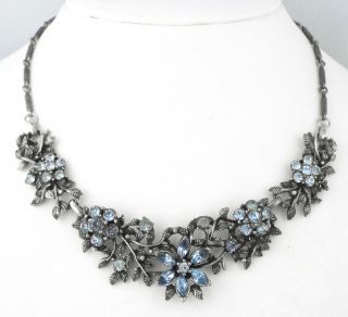 1920 - 40s - Art Deco Vintage Floral Blue Rhinestones Pot Metal Necklace