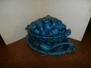 Vintage Inarco Mood Indigo Blue Fruit Embossed Pottery Set Of 4 Soup Tureen