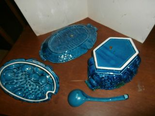 Vintage inarco Mood Indigo Blue fruit embossed pottery set of 4 soup tureen 3