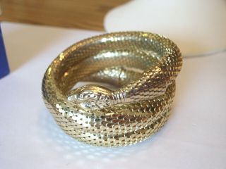 Vintage Whiting & Davis Signed Gold Mesh Snake Triple Coil Wrap Wide Bracelet