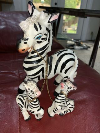 Vtg Ceramic Zebra Figurines Mom Babies Chain Japan Kitsch Spaghetti Trim