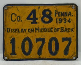 Old Hunting & Fishing Collectible Vintage 1934 Pennsylvania Tin Hunting License