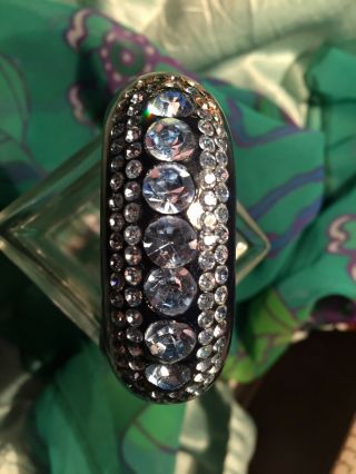 Vintage Black Clamper Bracelet With Blue Rhinestones,  Acrylic? Bakelite?