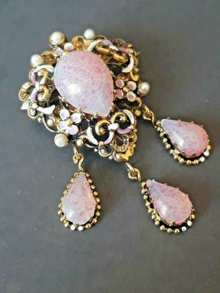 Stunning Vintage Filigree Enamel Faux Pearl Pink Glass Brooch Pin Austria