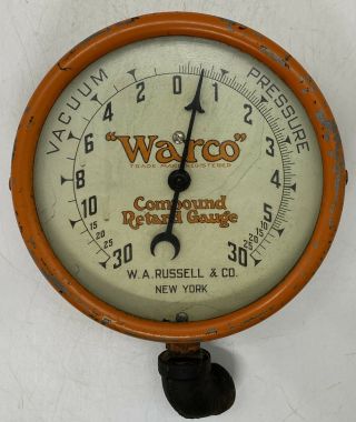Vintage “warco” Vacuum Pressure Compound Retard Gauge W.  A.  Russell & Co.  Ny.