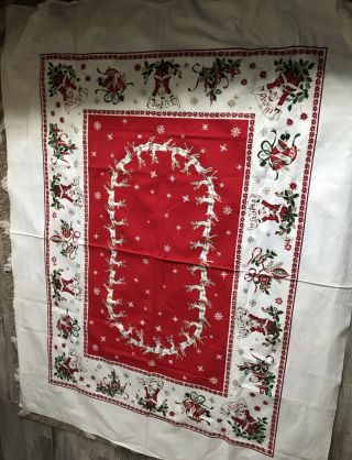 Vintage Linen Tablecloth Christmas Red White 59” X 76” Santa Reindeer Holiday