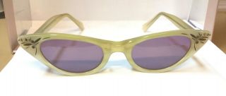 Vtg 1950’s Cat Eye Sunglasses Frames Green W/bling On Corners