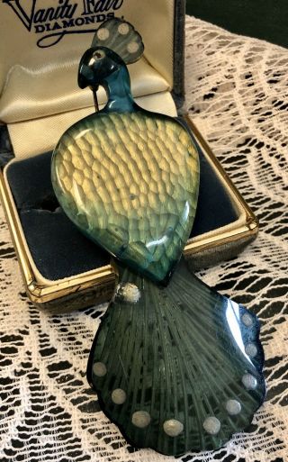Vintage 1940s Reverse Carved Lucite Peacock Large Brooch Pin