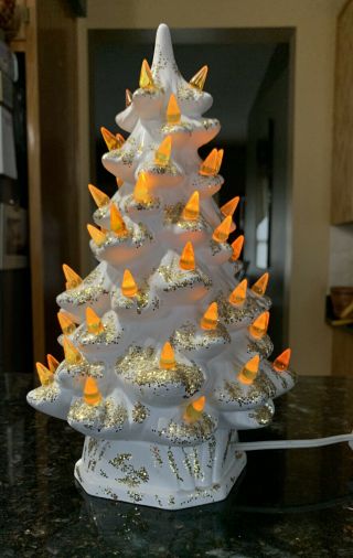 Vtg 11 " Holland Mold Ceramic Xmas Tree White & Gold Light Up Decoration