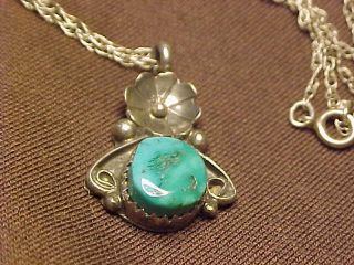 Vintage Old Pawn Navajo Sterling Turquoise Small Blossom Pendant 18” Necklace