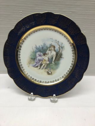 Vtg French Sevres Porcelain Plate Cobalt Blue Gold Painted Mother&child Center