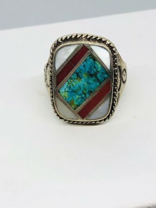 Vintage Zuni Large Sterling Multi Stone Inlay Ring Sz 13