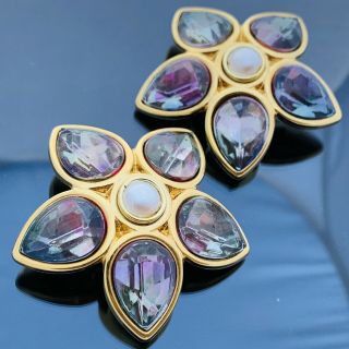 Vtg Huge Gold Pearl Purple Ab Rhinestone Flower Earrings Designer Runway - 2