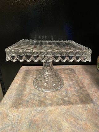 Vintage American Clear Glass Square Ornate Pedestal Cake Stand