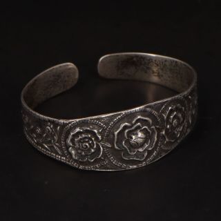 Vtg Sterling Silver - Mexico Taxco Flower Floral 6 " Tapered Cuff Bracelet - 20g