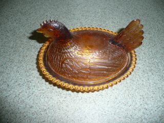 Vintage Indiana Glass Hen On Nest Orange Chicken Candy Dish Bowl With Lid