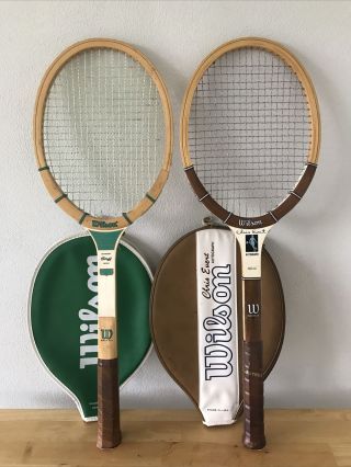 2 Wilson Vintage Wood Tennis Rackets Jimmy Conners 4 5/8” & Chris Evert 4 1/4 L