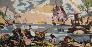 Vintage Completed Cotton Needlepoint Tapestry Fishing Harbour 40 " X20 "