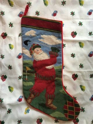 Vintage Velvet & Wool Needlepoint Christmas Stocking Santa Golfing 20 "