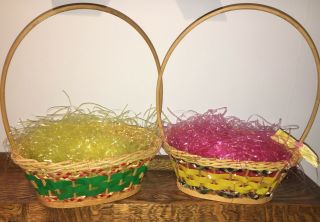 2 Vtg Easter Baskets Woven Green Yellow Velvet Bow Plastic Wood Handle Wooden