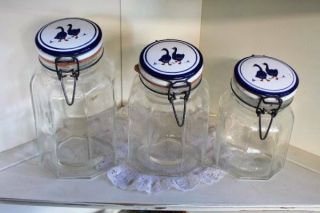Glass Canister Set Of 3 Goose Wire Clasp Ceramic Lids Italy Vintage