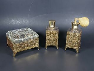 Vtg 3pc Vanity Dresser Set Gold Tone Filigree Perfume Cologne Bottle Jewelry Box