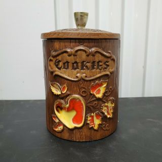 Vintage Treasure Craft California Pottery Apple Wood Barrel Cookie Jar Canister