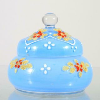Vintage Czechoslovakian Coralene Art Glass Trinket Box Blue Yellow Frit Antique