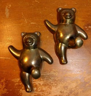 2 Vintage Cast Brass Teddy Bear Coat Hooks Toy Stocking Hanger Holder Hooks