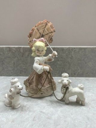 Vintage Porcelain Figurine Lady Textured Lace Gold Details 5 " With 2 Poodles