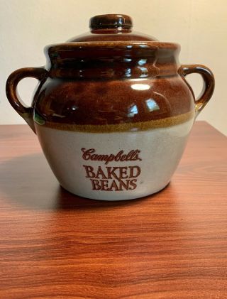 Rare Vintage Monmouth Pottery 2 - Handle Campbell’s Baked Bean Crock Pot W/ Lid