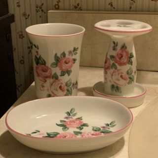 Vtg Rose 3pc Bathroom Sink Accessory Set Toothbrush Holder Soap Dish & Cup Cute