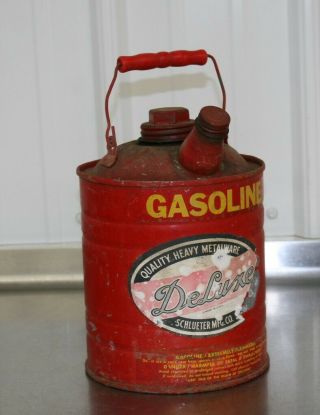 Vintage Antique Delphos Schlueter 1 Gallon Metal Gas Can Rustic Decor Both Caps