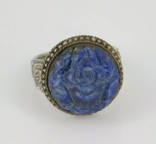 Vintage / Antique Chinese Export Silver Carved Lapis Ring Size 5