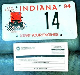 Indianapolis In Speedway License Plate 1994 500 Festival Start Your Engines 14