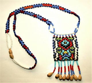 Vintage Multi - Color Glass Seed Beads Woven Southwestern Motif Necklace,  22 "