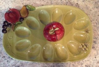 Vintage Ceramic Lefton Deviled Egg Platter Plate Green & Salt Pepper Shakers Euc