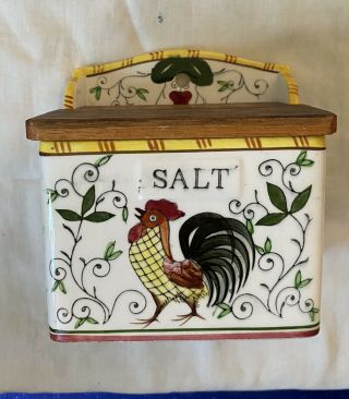 Vintage Ucagco Py Japan Roosters & Roses Ceramic Wood Salt Box Country Salt Box