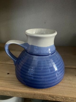 Vintage Stoneware Pottery No Spill Wide Bottom Coffee Mug Cup Blue White Glazed