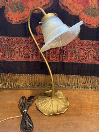 Vintage Art Deco Goose Neck Calla Lily Pad Table Lamp Brass Frosted Glass Shade