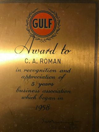 Rare Vintage 1958 Gulf Oil Corp Copper Recognition Award Plaque Service Station