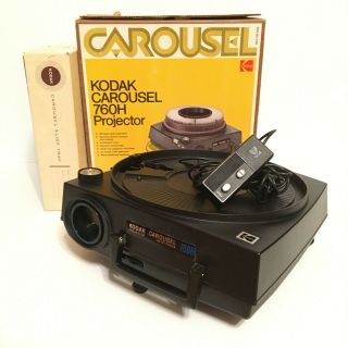 Vtg Kodak Auto - Focus 760h Carousel Slide Projector W/ Box,  Remote,  Tray