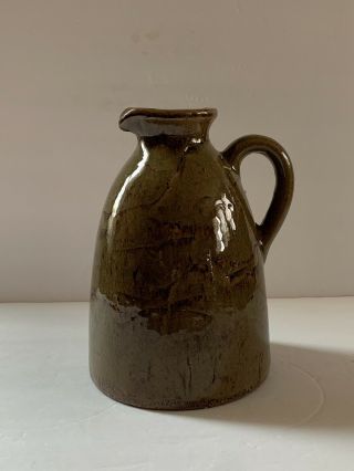 Vintage Stoneware Jug Greenish Brown Glaze Primitive Style Heavy