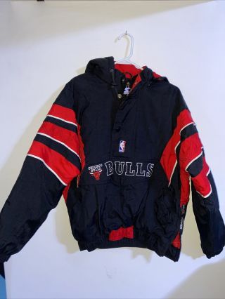 Vtg Starter Chicago Bulls Big Logo Spell - Out Nba - Basketball Hood Jacket S