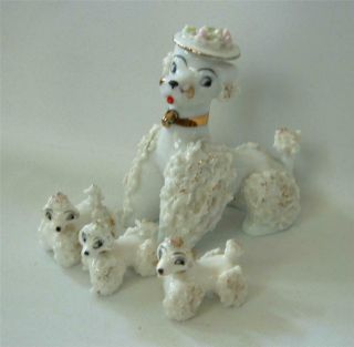 Vintage 50s Spaghetti Poodles Mom In Floral Hat 3 Pups White Gold Trim Lefton ?