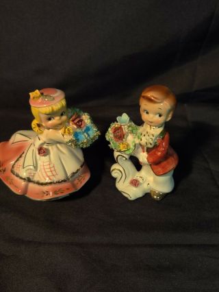 Vintage Porcelain Boy And Girl Flower Figurines