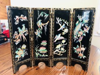 Vintage Chinese Lacquered Wood & Mother Of Pearl 3d Birds Screen