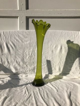 Vintage Jefferson Olive Green Glass Jack In The Pulpit 18” Ribbed Vase