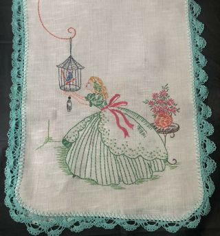 Vintage Hand Embroidered Crochet Hem Dresser Scarf Table Runner Southern Belle