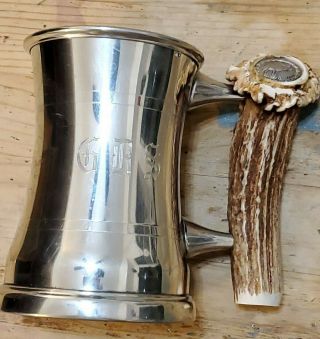 Vintage English Pewter Mug With Elk Horn Handle G.  R.  S.  Elk Image Clear Bottom